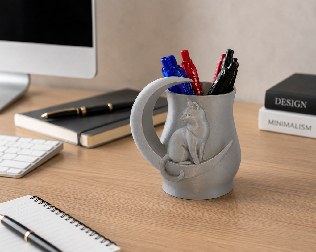 Cat in Moon Planter – Crescent Moon Succulent Pot – Modern Decorative Plant Holder – Unique Desk Decor – Gift for Cat Lovers
