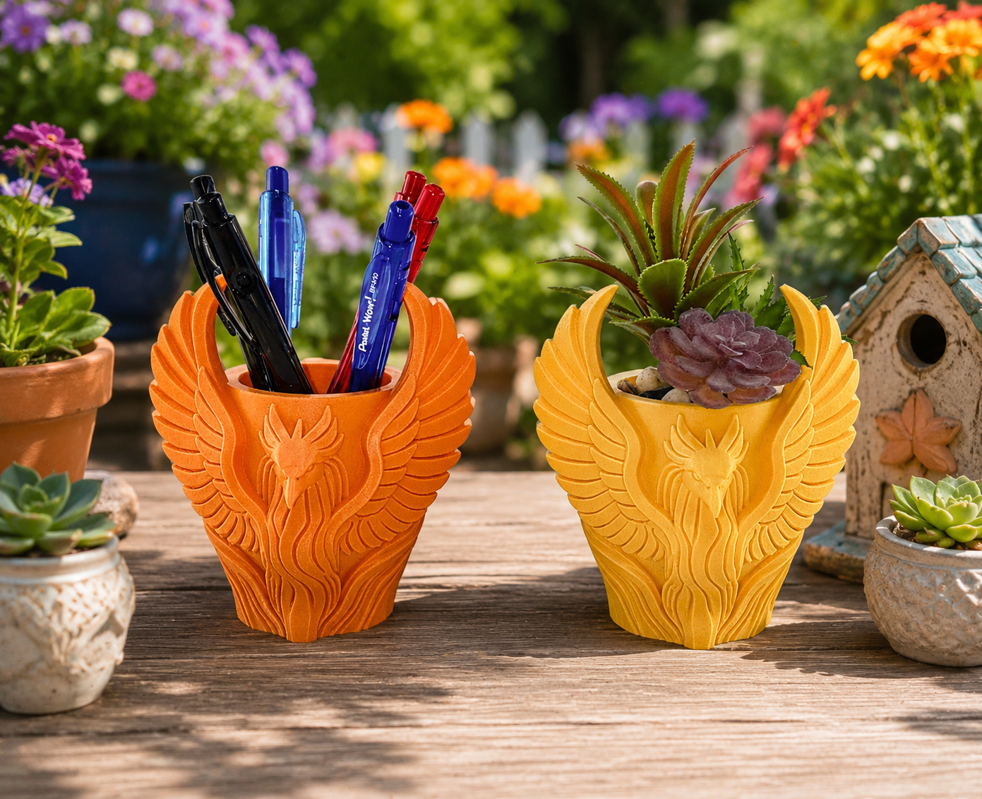 Phoenix Planter – Ornate Bird Relief Succulent Pot – Fantasy Home Decor – Decorative Desk Plant Holder – Unique Gift