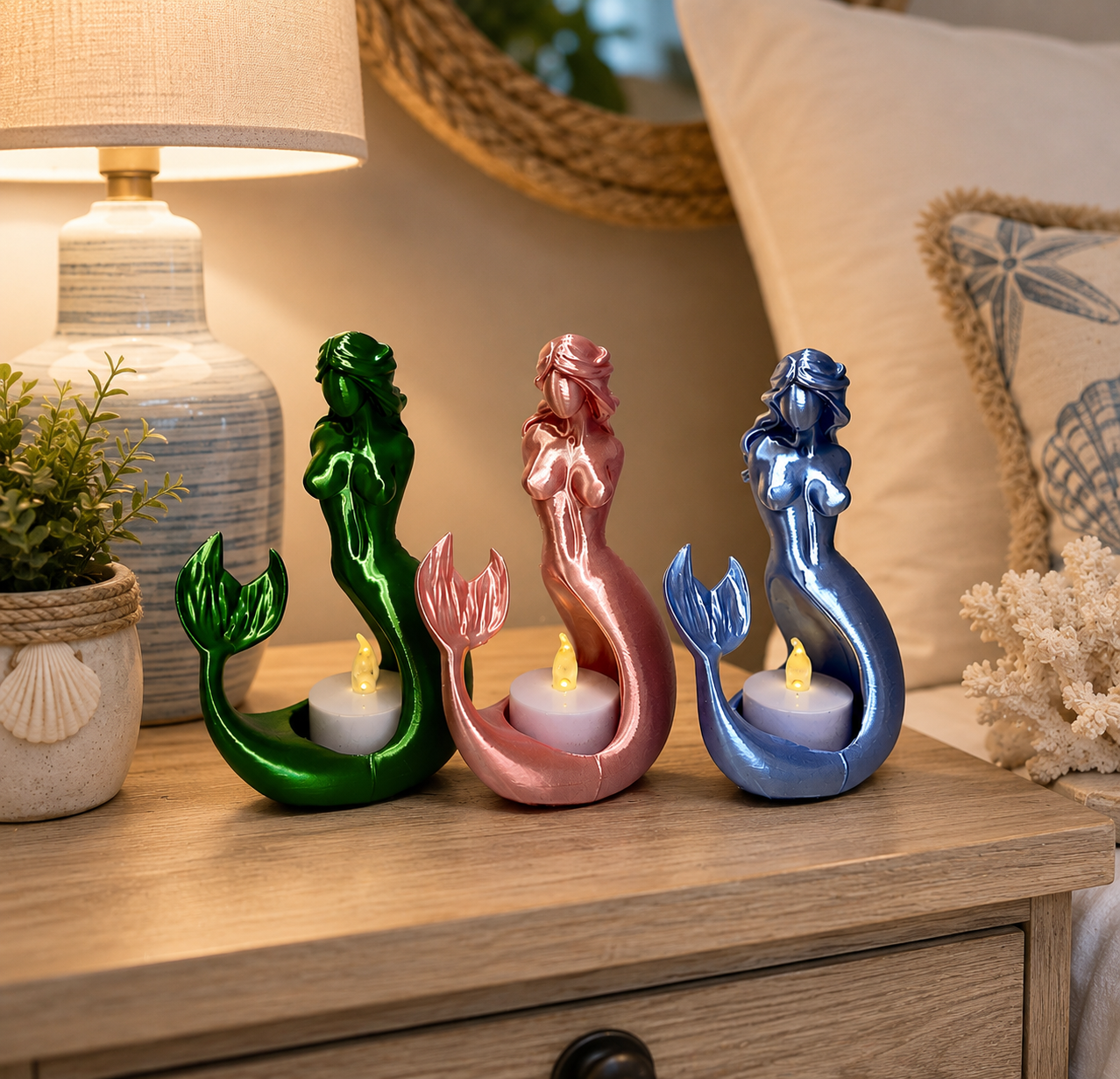 Mermaid Tea Light Holder – Coastal Candle Decor – Nautical Home Accent – Decorative Mermaid Statue – Beach House Gift